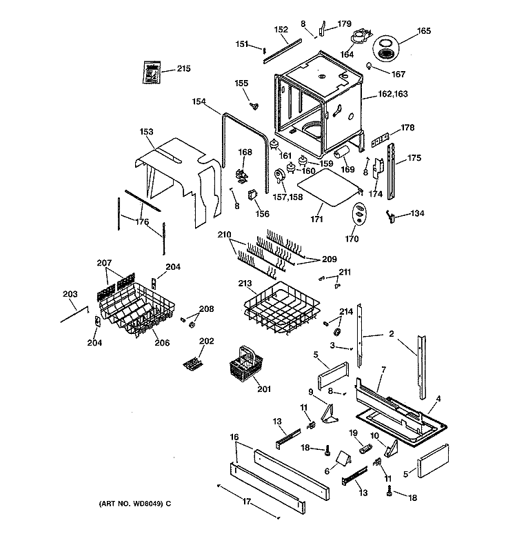 BODY PARTS & TIRM Diagram and Parts List for ZBD5900F00SS  General Electric Dishwasher