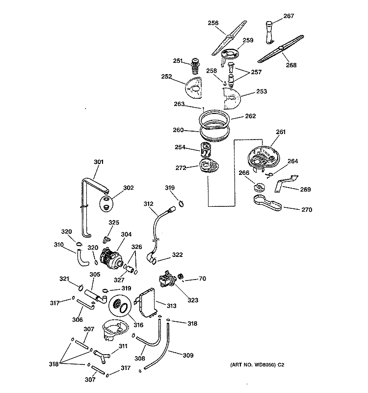 MOTOR - PUMP & SPRAY ARM ASSEMBLY Diagram and Parts List for ZBD5900F00SS  General Electric Dishwasher