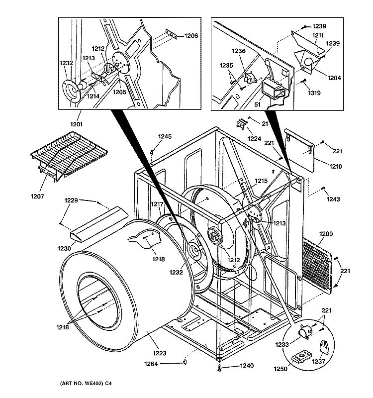 CABINET & DRUM Diagram and Parts List for DSXH43EV2WW  General Electric Dryer