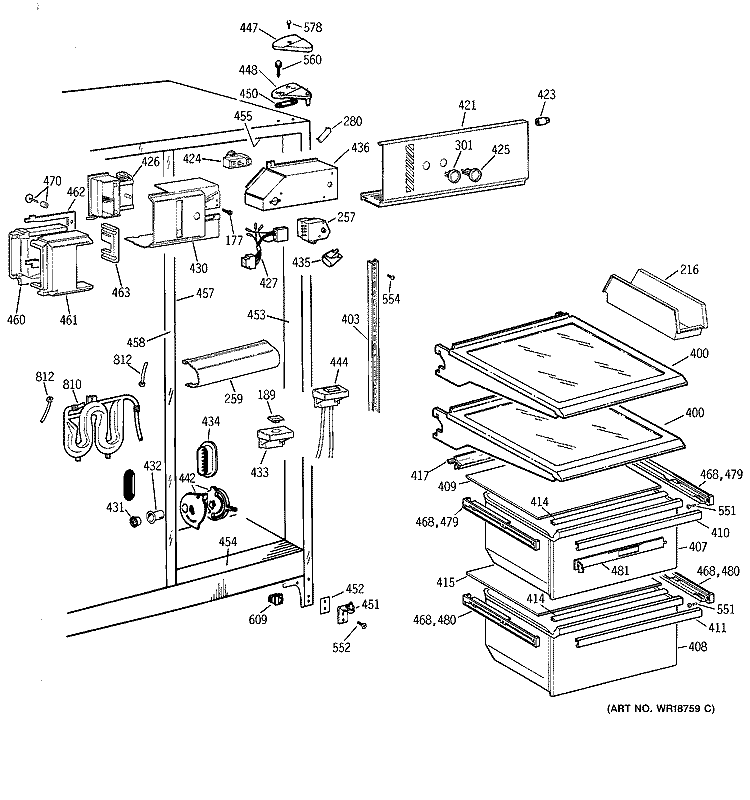 FRESH FOOD SECTION Diagram and Parts List for MSK25ZRDAAA  General Electric Refrigerator