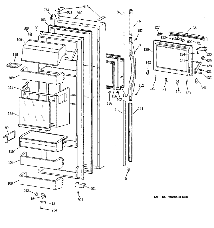 FRESH FOOD DOOR Diagram and Parts List for MSK28DHDAAA  General Electric Refrigerator