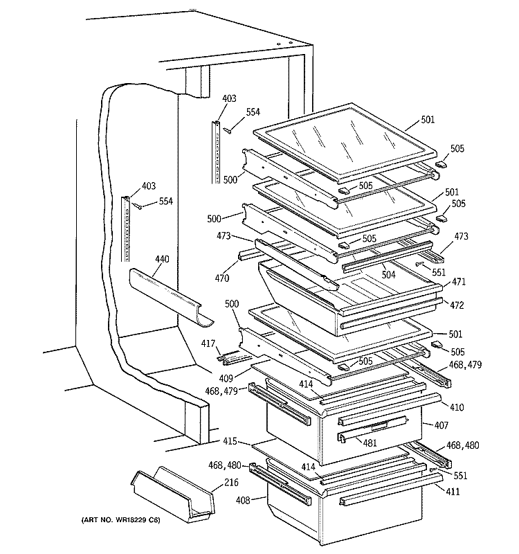 FRESH FOOD SHELVES Diagram and Parts List for MSK28DHDAAA  General Electric Refrigerator