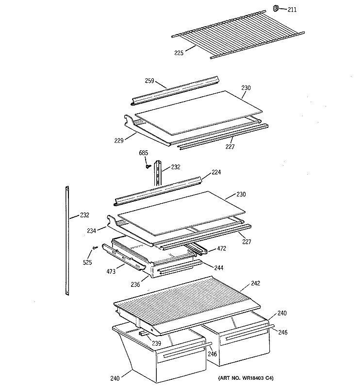 SHELF PARTS Diagram and Parts List for MTI18GIBURWW  General Electric Refrigerator