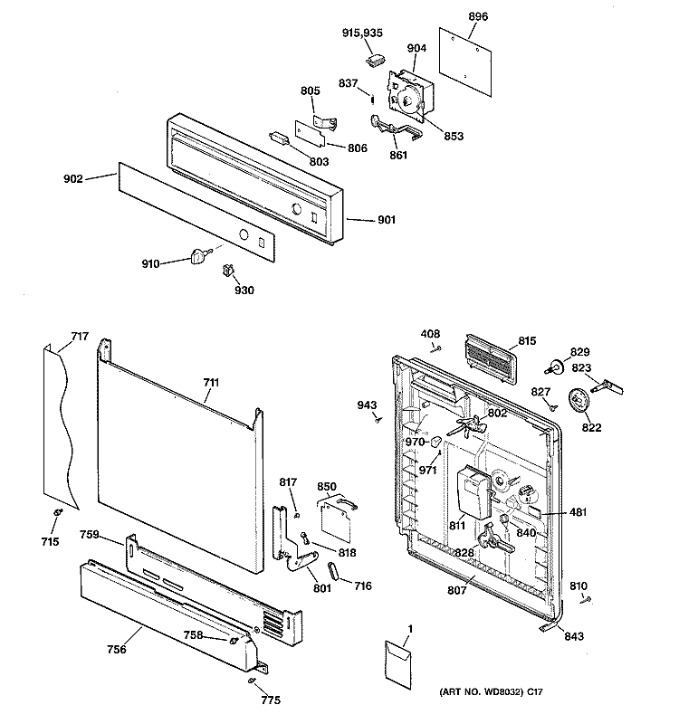 ESCUTCHEON & DOOR ASSEMBLY Diagram and Parts List for HDA1000Z08WH  Hotpoint Dishwasher