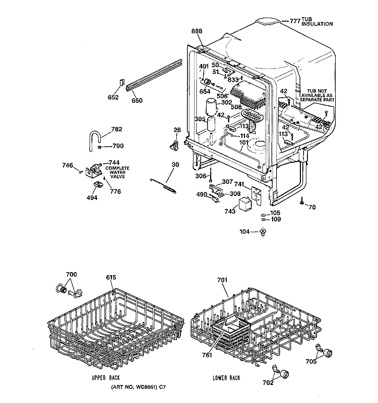 BODY PARTS Diagram and Parts List for HDA1000Z08WH  Hotpoint Dishwasher