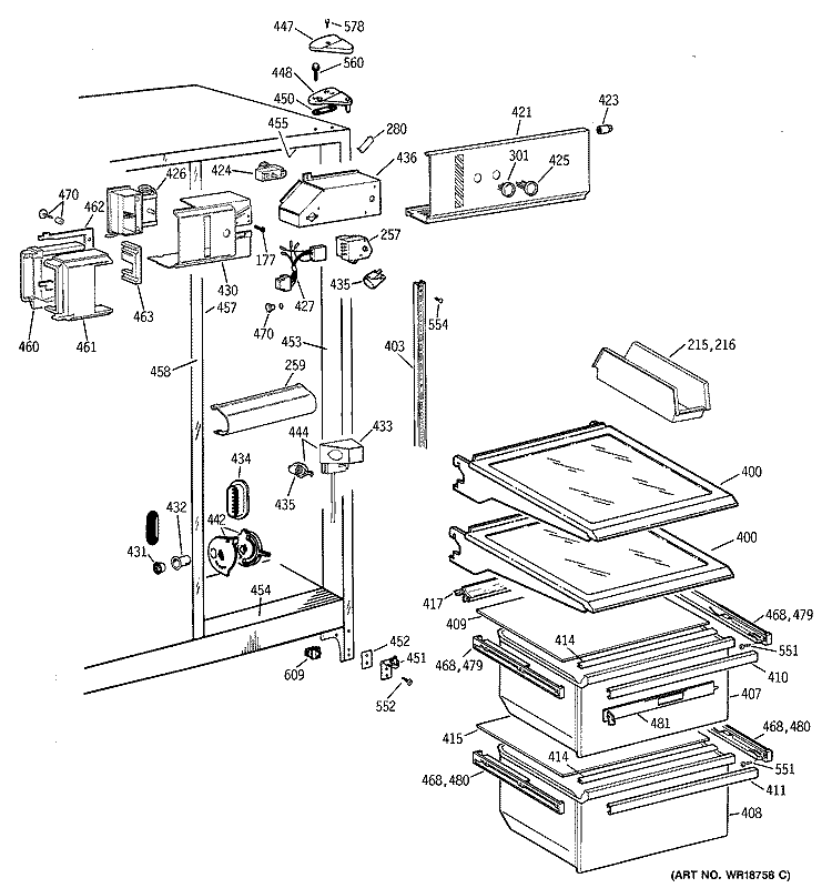 FRESH FOOD SECTION Diagram and Parts List for MSK25ZADAAA  General Electric Refrigerator
