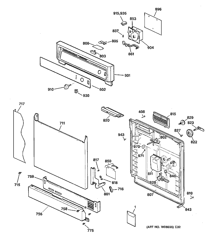ESCUTCHEON & DOOR ASSEMBLY Diagram and Parts List for HDA2000F00AD  Hotpoint Dishwasher