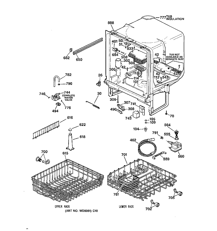 BODY PARTS Diagram and Parts List for HDA3400F00AA  Hotpoint Dishwasher