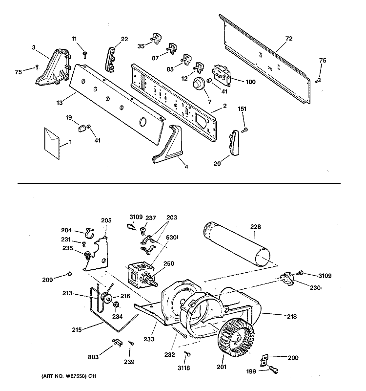 BACKSPLASH, BLOWER & DRIVE ASSEMBLY Diagram and Parts List for NWXR473GV2WW  Hotpoint Dryer