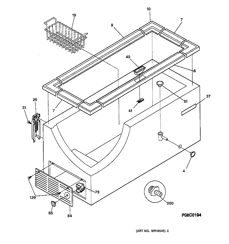 CABINET, CONTROLS & SHELVES Diagram and Parts List for FCM25DABWH  General Electric Freezer