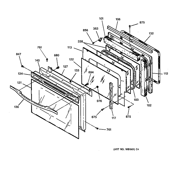 OVEN DOOR Diagram and Parts List for JCTP18WA3WW  General Electric Wall Oven