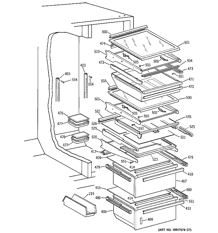 SHELVES & DRAWERS Diagram and Parts List for TFCW27FRBWH  General Electric Refrigerator