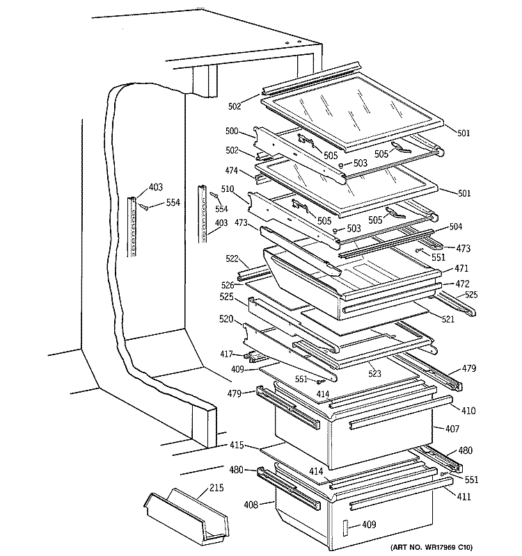 SHELVES & DRAWERS Diagram and Parts List for TFCW27RRAWH  General Electric Refrigerator