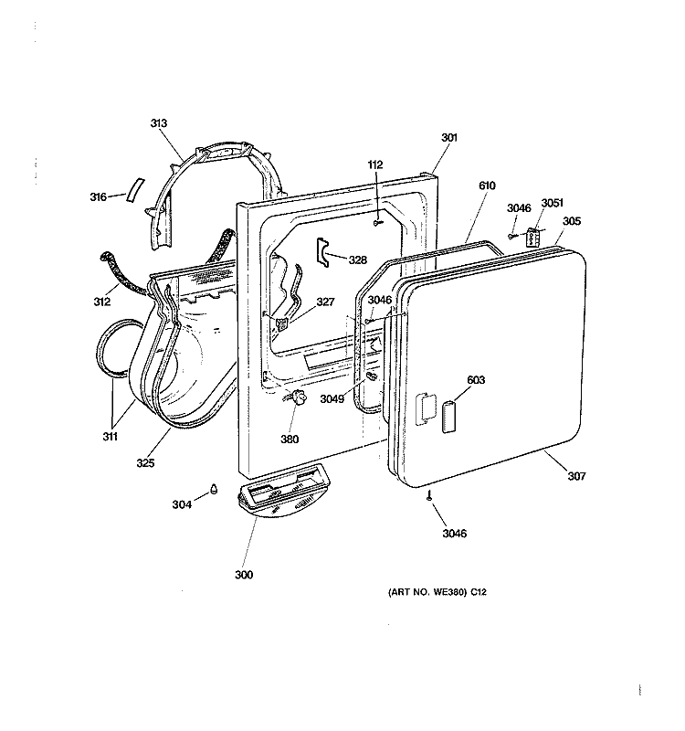 FRONT PANEL & DOOR Diagram and Parts List for DBXR453GV2WW  General Electric Dryer