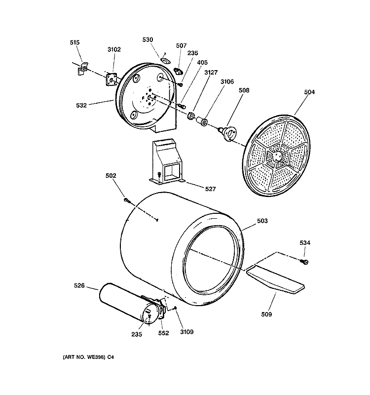DRUM Diagram and Parts List for DBXR453GV2WW  General Electric Dryer