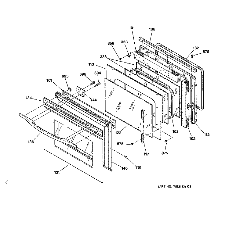 DOOR Diagram and Parts List for JK910AA3AA  General Electric Wall Oven
