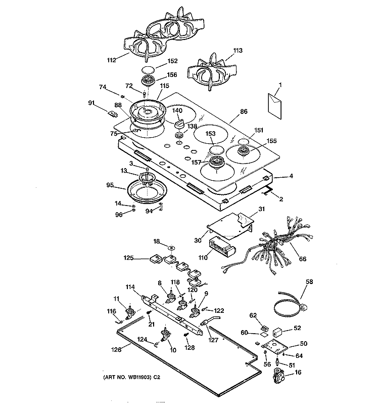COOKTOP Diagram and Parts List for ZGU3650WB0WG  General Electric Cooktop