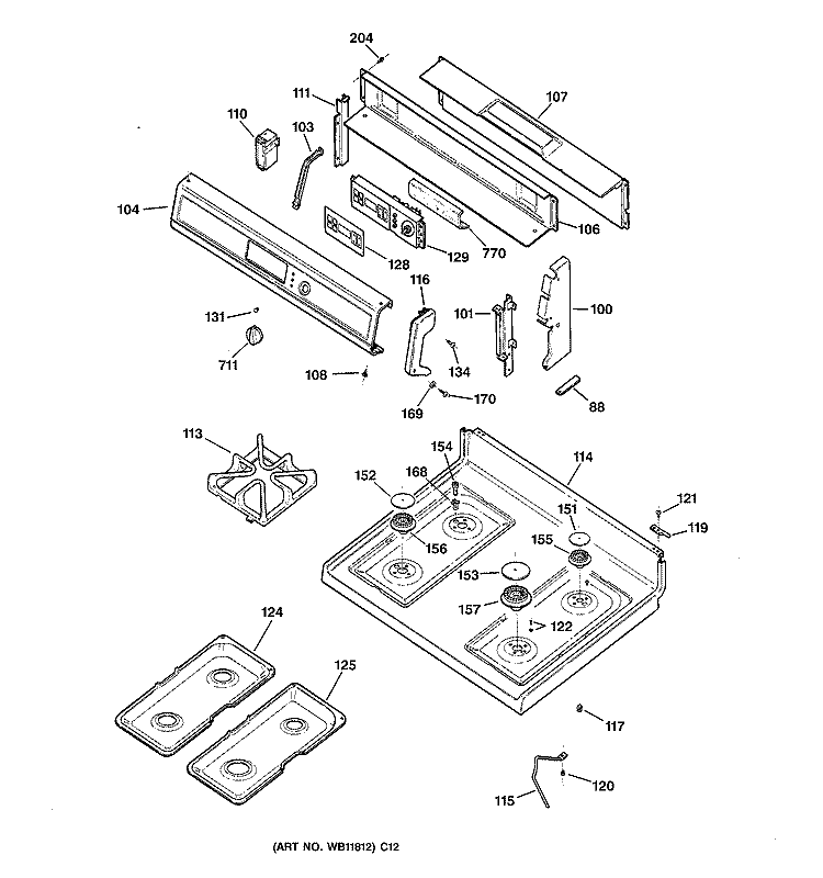 CONTROL PANEL & COOKTOP Diagram and Parts List for JGBP40WEC1WW  General Electric Range