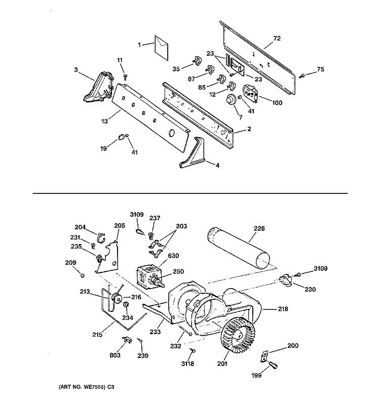 BACKSPLASH, BLOWER & MOTOR Diagram and Parts List for DPSR465GA1AA  General Electric Dryer