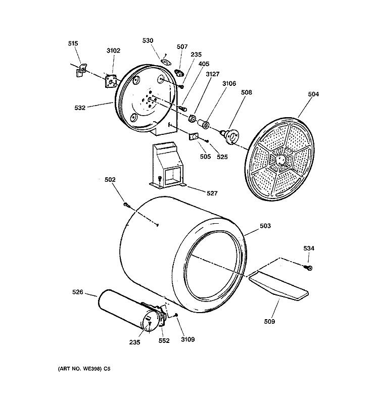 DRUM Diagram and Parts List for DCSR483GA1WW  General Electric Dryer