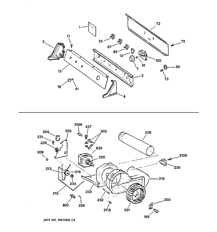 BACKSPLASH, BLOWER & MOTOR Diagram and Parts List for DNXR473EW2AA  General Electric Dryer