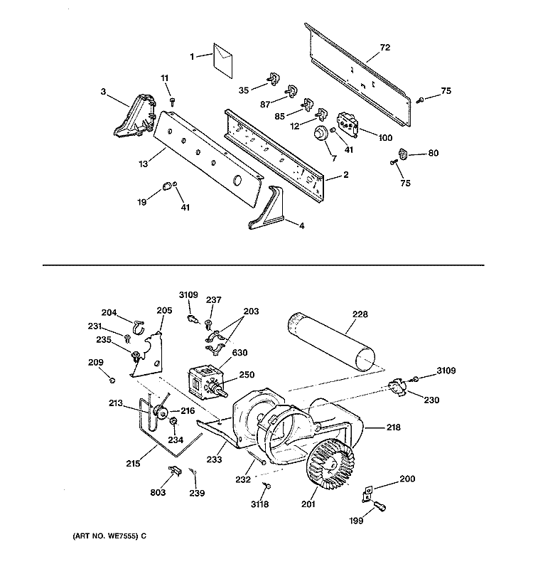 BACKSPLASH, BLOWER & MOTOR Diagram and Parts List for DPSR473EW2WW  General Electric Dryer