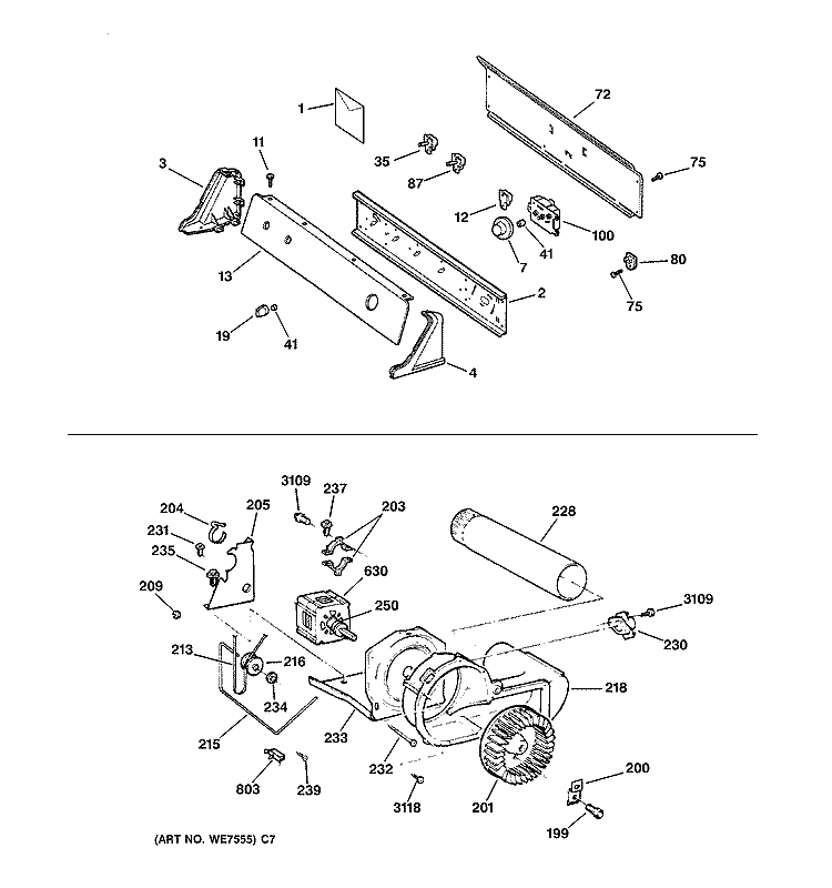 BACKSPLASH, BLOWER & MOTOR Diagram and Parts List for DX4500EA1WW  General Electric Dryer