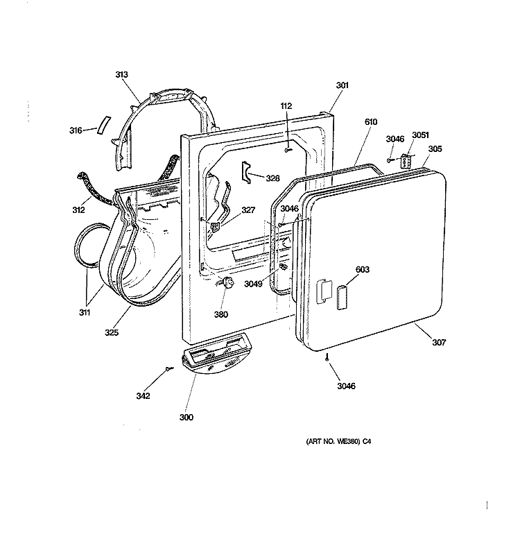 FRONT PANEL & DOOR Diagram and Parts List for DBXR453EV2WW  General Electric Dryer