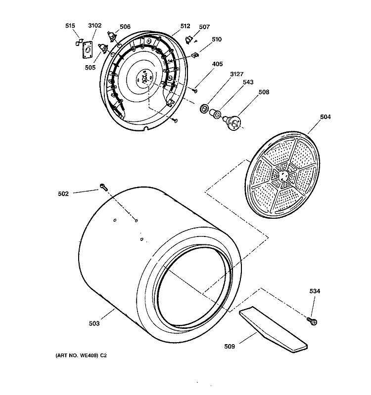 DRUM Diagram and Parts List for DBXR453EV2WW  General Electric Dryer