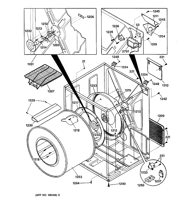 CABINET & DRUM Diagram and Parts List for DSXH43EA0WW  General Electric Dryer