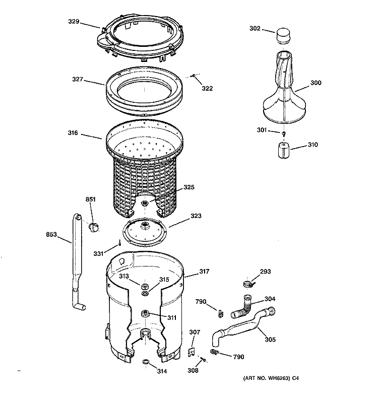 TUB, BASKET & AGITATOR Diagram and Parts List for WJSR1070A1AA  General Electric Washer