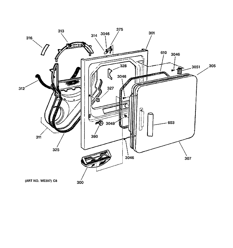 FRONT PANEL & DOOR Diagram and Parts List for DWSR485EA1WW  General Electric Dryer