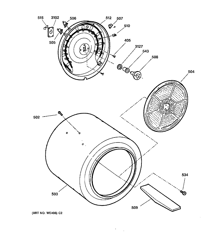 DRUM Diagram and Parts List for DWSR485EA1WW  General Electric Dryer