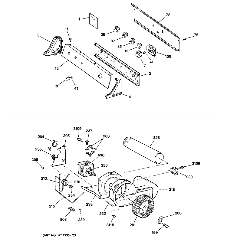 BACKSPLASH, BLOWER & MOTOR Diagram and Parts List for DPSR473GW1WW  General Electric Dryer