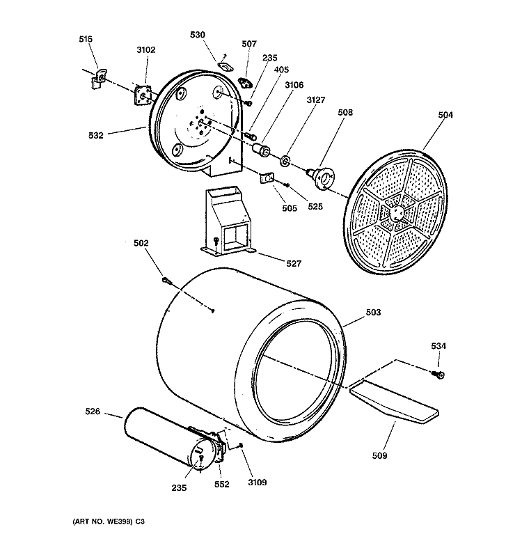 DRUM Diagram and Parts List for DPSR473GW1WW  General Electric Dryer