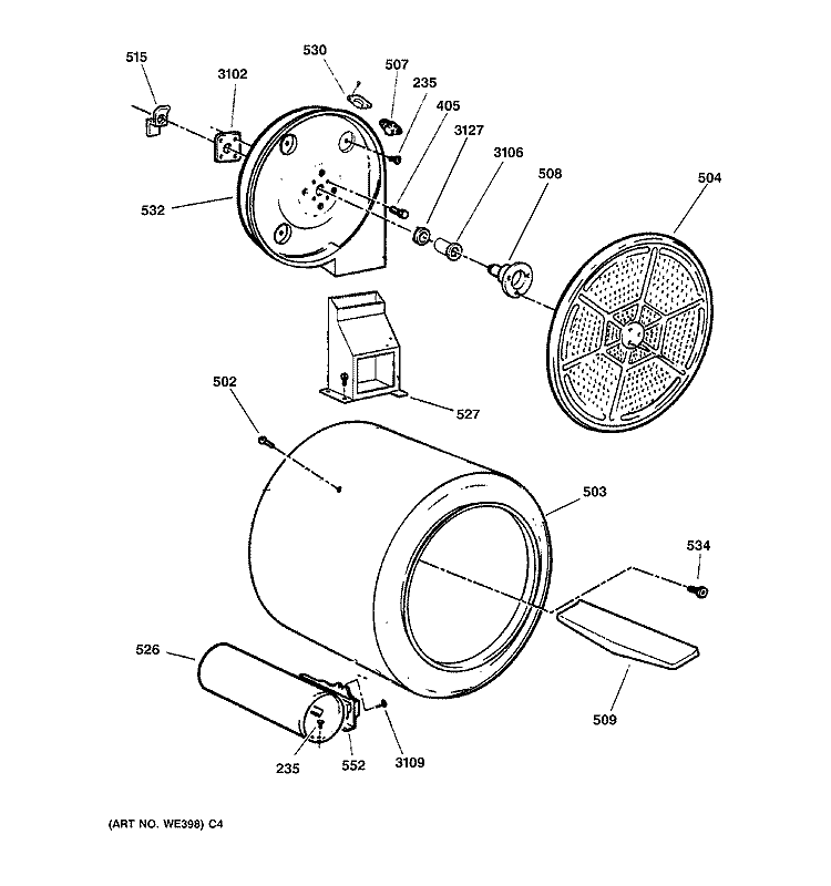 DRUM Diagram and Parts List for DPXR473GW1AA  General Electric Dryer