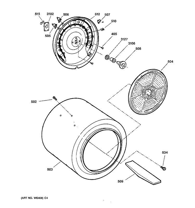 DRUM Diagram and Parts List for DWXR483EA0AA  General Electric Dryer