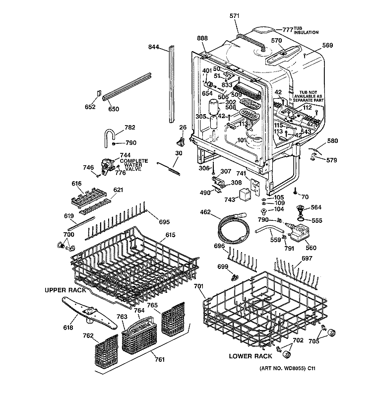 BODY PARTS Diagram and Parts List for GSD5720F00BB  General Electric Dishwasher