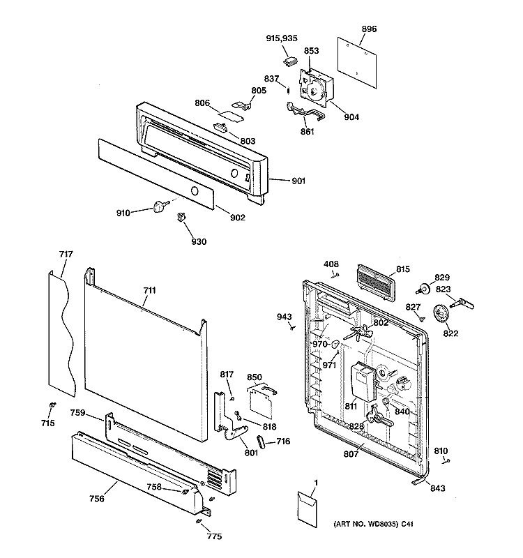 ESCUTCHEON & DOOR ASSEMBLY Diagram and Parts List for GSD1103F00WW  General Electric Dishwasher