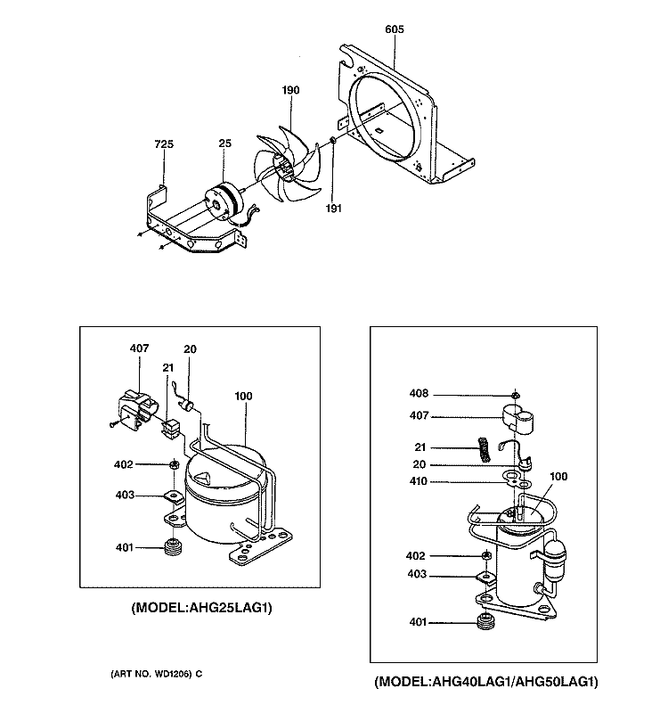 FAN & COMPRESSOR Diagram and Parts List for AHG40LAG1  General Electric Dehumidifier
