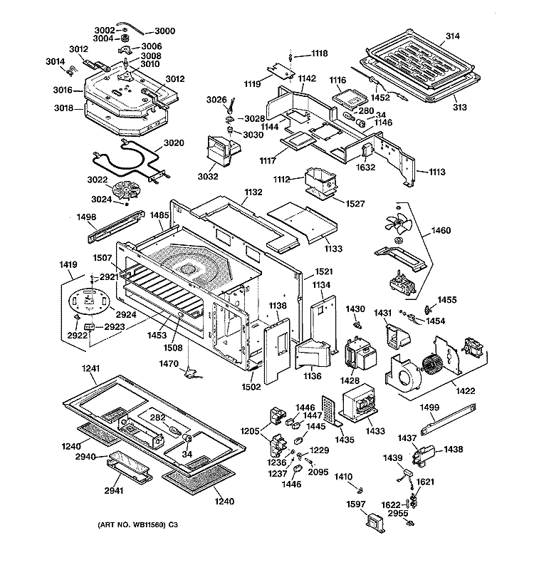 BODY PARTS Diagram and Parts List for JVM1090AW01  General Electric Microwave