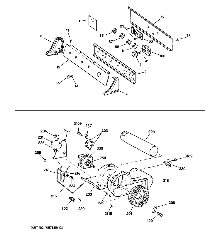 BACKSPLASH, BLOWER & MOTOR Diagram and Parts List for DNSR475EY2AA  General Electric Dryer