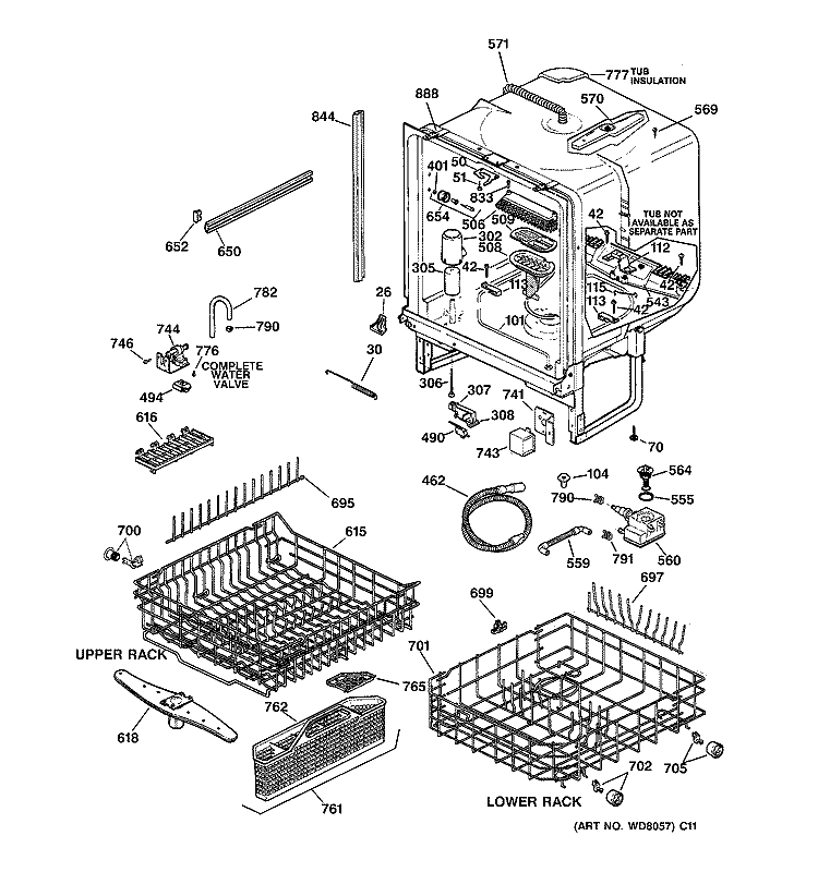 BODY PARTS Diagram and Parts List for GSD5360F00SS  General Electric Dishwasher
