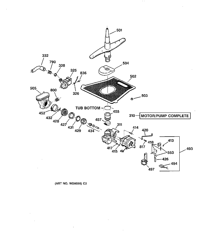MOTOR - PUMP MECHANISM Diagram and Parts List for GSD5360F00SS  General Electric Dishwasher