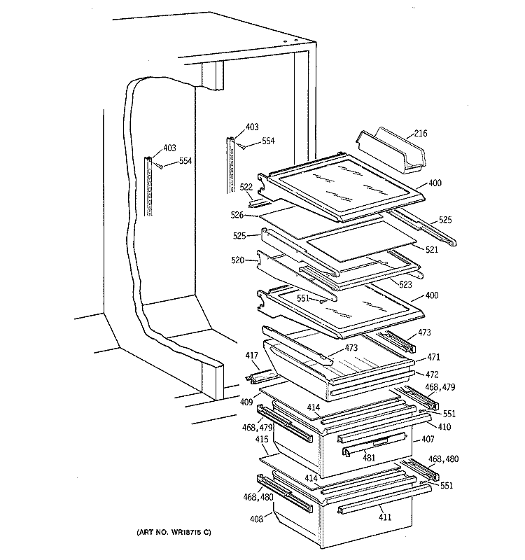 FRESH FOOD SHELVES Diagram and Parts List for TFS26ZPDABS  General Electric Refrigerator