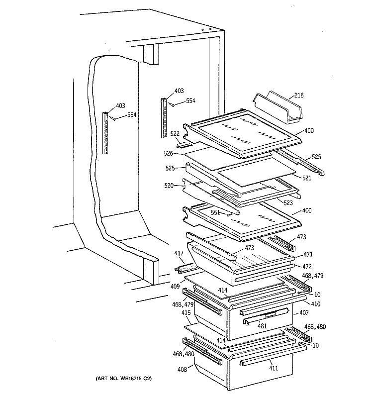FRESH FOOD SHELVES Diagram and Parts List for TFS22ZPDABS  General Electric Refrigerator