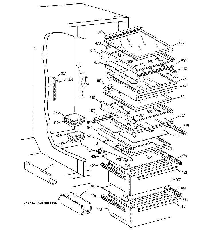 FRESH FOOD SHELVES Diagram and Parts List for TFX27PFSNBB  General Electric Refrigerator