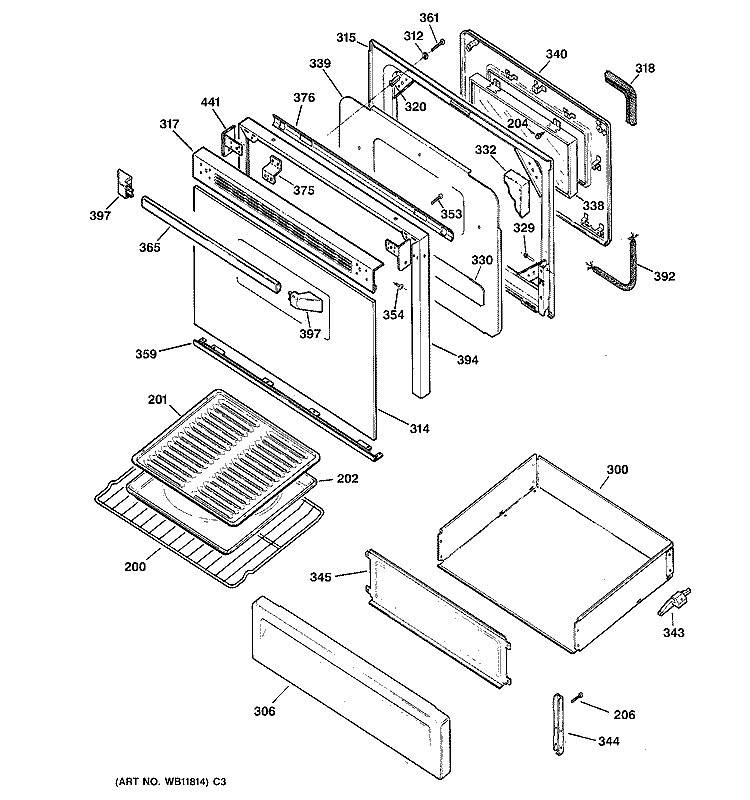 DOOR & DRAWER PARTS Diagram and Parts List for RGB745BEA3WH  Hotpoint Range