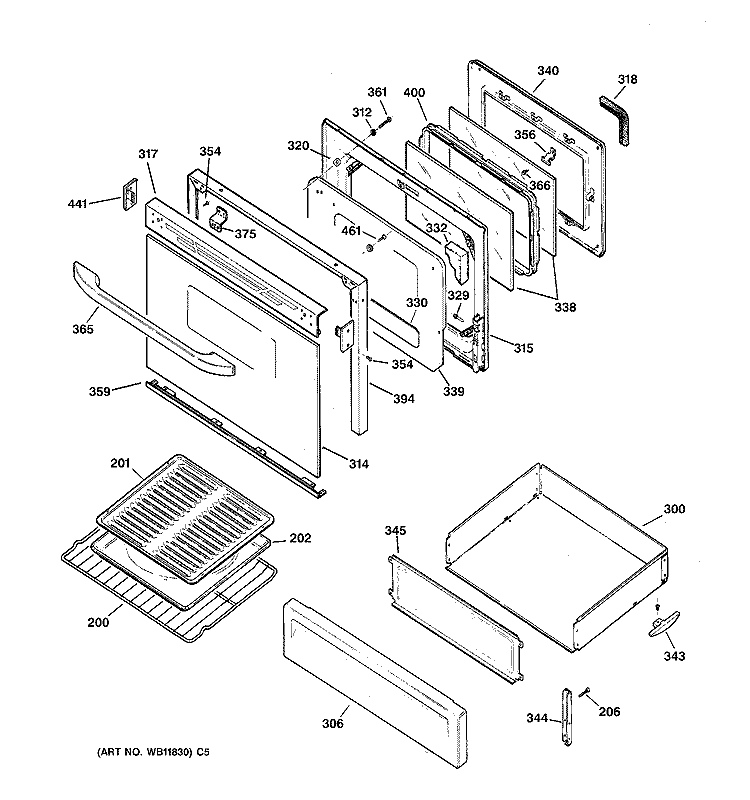 DOOR & DRAWER PARTS Diagram and Parts List for RGB845WEC1WW  Hotpoint Range