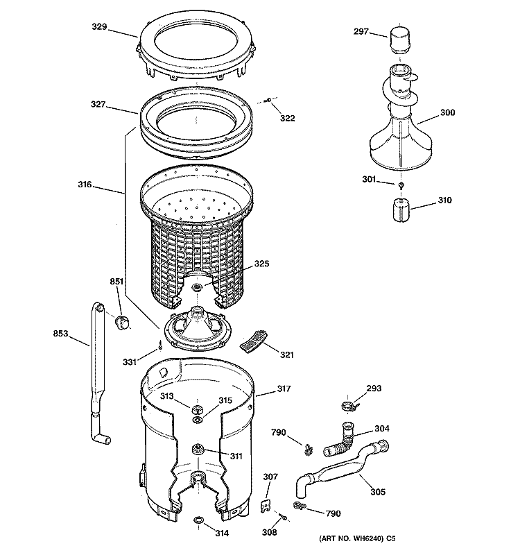 TUB, BASKET & AGITATOR Diagram and Parts List for WMSR2100T6WW  General Electric Washer